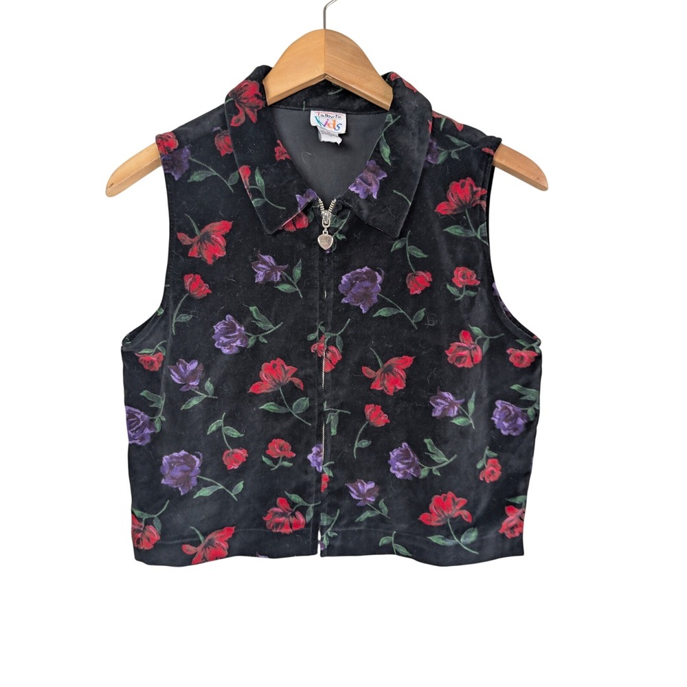 Talbots Kids Vintage 90s Velvet Floral Rose Zip Up Vest Black Red Purple Size 14